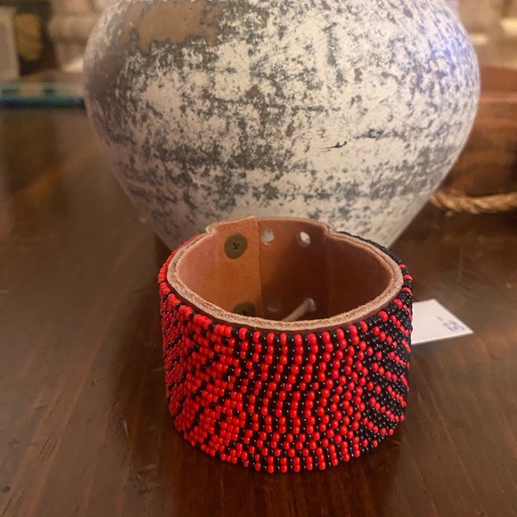 Leather Cuff - Large Red & Black Ombré Beaded - Picture 2 of 5
